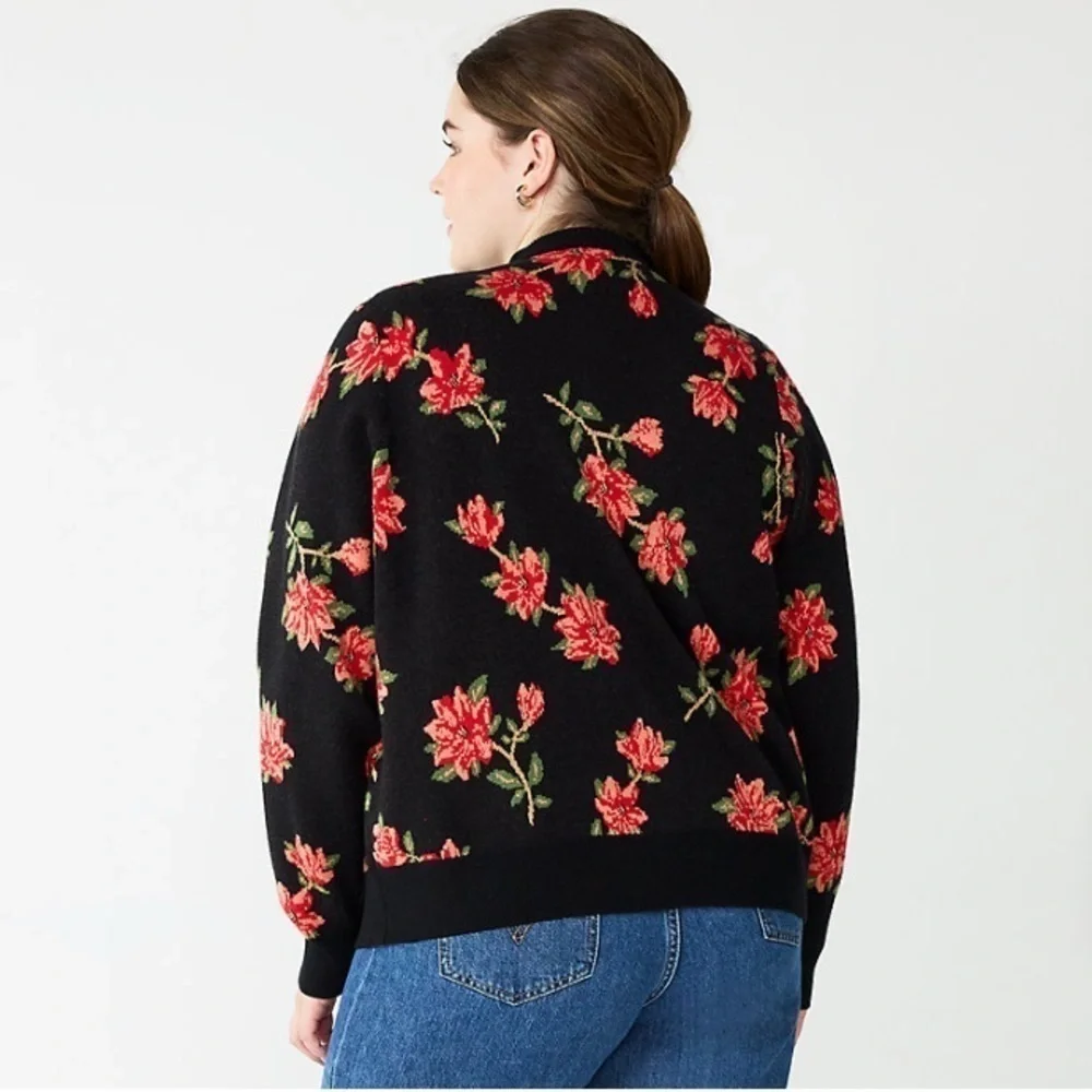 Draper James New Size 1X Long Sleeve Cardigan Black Red Floral Southern Inspired